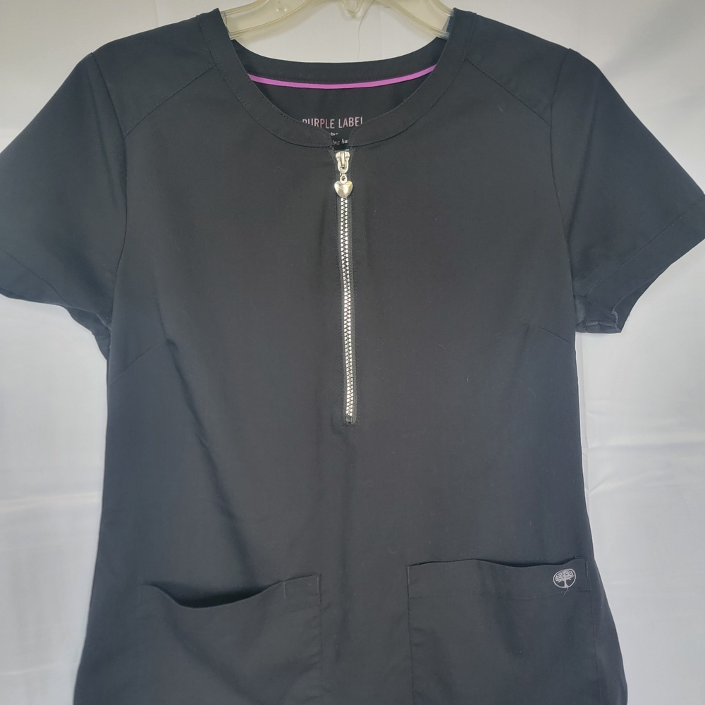 Healing Hands Black Short Sleeve Scrub Top with Zipper
